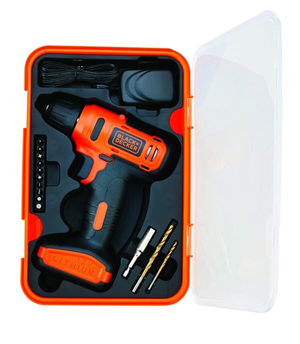Black & Decker: LD12SP-IN 12V 10mm Li-ion Cordless Variable Speed Reversible Drill Driver with 10 Screwdriver and 2 Drill Bits - Image 2