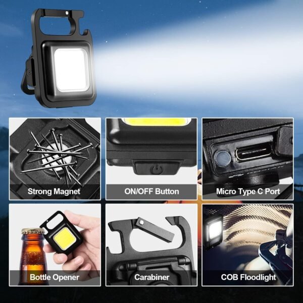 4-Modes Keychain Flashlight White COB LED with Bottle Opener, Magnetic Base and Folding Bracket - Image 7